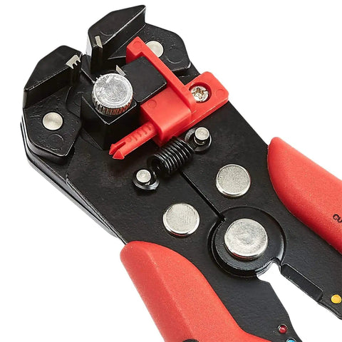 Close-up of Self Adjusting Wire Stripper And Crimping Tool For 10 To 24 AWG Wires, easy grip handle, black red finish