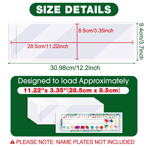 Diagram showing size details of 36 pieces clear nameplate pocket self adhesive desk name tag covers for school classrooms.