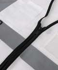 Close-up of White High Visibility Safety Vest With Five Handy Pockets And Hella Bright Two Inch Reflective Strips Ultra Light Breathable Build Designed For Crew Leaders And Daily Site Rounds Large, showing zipper and pockets.