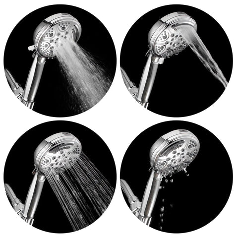 Shower Head With Handheld Sprayer, 9 Function High Pressure Modes showcasing different spray patterns with stainless steel hose