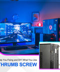 10 Pack 6-32 Knurled Phillips Thumb Screws Nickel Plated Carbon Steel used in a gaming PC case with LED lights.