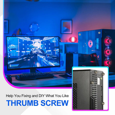 10 Pack 6-32 Knurled Phillips Thumb Screws Nickel Plated Carbon Steel used in a gaming PC case with LED lights.