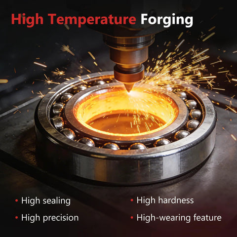 High temperature forging process on a front wheel bearing and hub assembly with sparks.