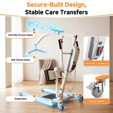 2-in-1 Electric Patient Lift For Seniors With 420 Lbs Capacity featuring stable base, anti-slip hooks, and locking casters for home care.