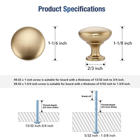 Champagne Bronze Cabinet Knobs 1-1/6 Inch Solid Zinc Alloy With Brushed Brass Finish 25 Pack Long Lasting Scratch Resistant Door Handles Easy Install For Kitchen Cabinets And Furniture Boss Look, round knob dimensions