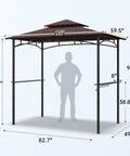 8x5 Grill Gazebo All Weather Outdoor BBQ Canopy With Steel Frame Two Shelves And Utensil Organizer Bottle Opener Rustproof Patio Shelter For Backyard Grilling Year Round, front view with dimensions. Black steel frame, double-tier canopy.