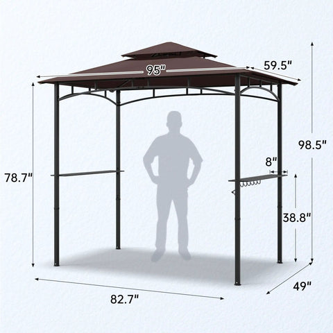 8x5 Grill Gazebo All Weather Outdoor BBQ Canopy With Steel Frame Two Shelves And Utensil Organizer Bottle Opener Rustproof Patio Shelter For Backyard Grilling Year Round, front view with dimensions. Black steel frame, double-tier canopy.