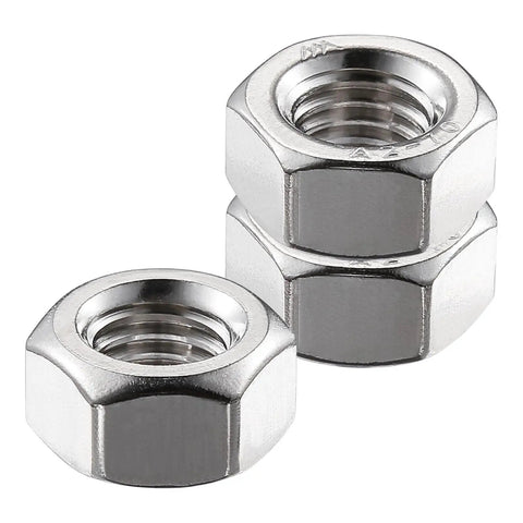 Beefy 1/4-20 Stainless Steel Hex Nuts Set, 50 Pieces, Coarse UNC Threads, shown in stacked configuration