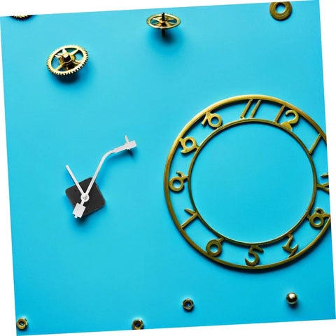 Vinyl Record Clock Replacement Parts Kit With Movements, Hands, And Long Shafts for Easy DIY Repair on blue background.
