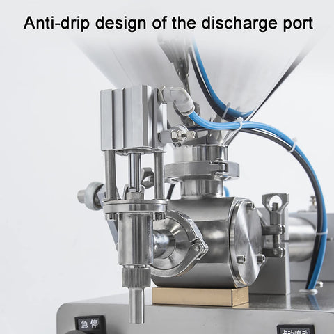 Anti-drip discharge port of Desktop Automatic Liquid Paste Filling Machine Single Head Pneumatic Bottle Filler for precise filling.