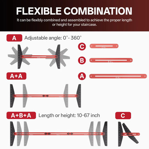 Adjustable angle overview for Heavy Duty Adjustable Stair Tread Gauge Template Tool 10 To 67 Inch Precision Aluminum Measuring Jig.