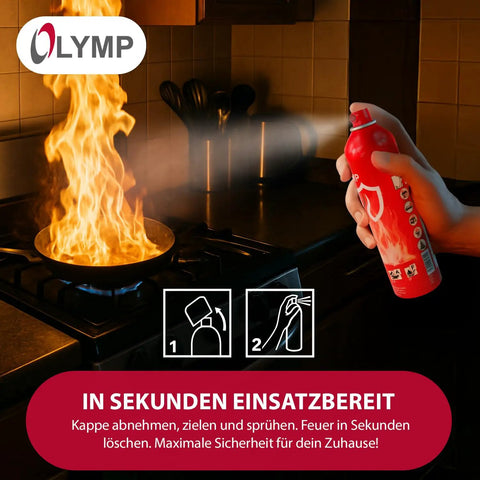 Universal Foam Fire Extinguisher Spray 500ml Compact Cylinder in use extinguishing a kitchen fire with a steady mist.