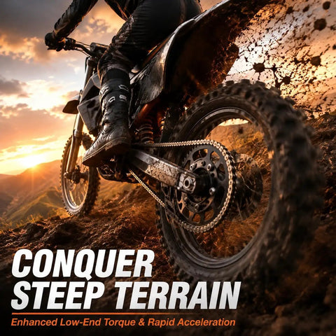 Rider on X1 Spark M Dirt Bike with Heavy Duty 53 Tooth Aluminum Rear Chain Sprocket for off-road terrain.