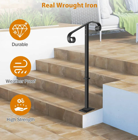 Rock Solid Outdoor Single Post Handrail Wrought Iron Step Railing Black Finish For One Or Two Porch Steps, durable and weatherproof design.