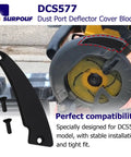 Heavy Duty DCS577 Dust Port Reflector Cover Block compatible with DeWalt saw, durable black plastic, shown with screws.