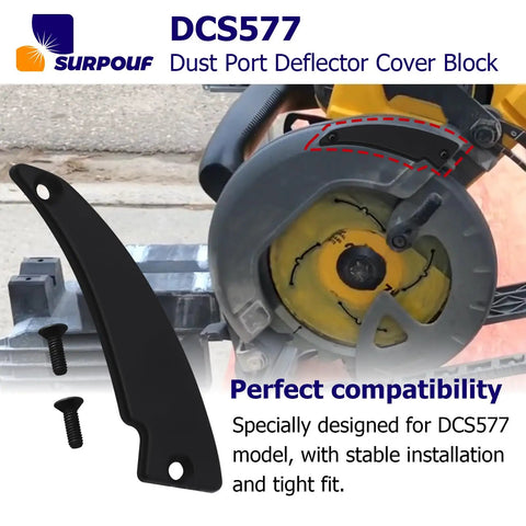 Heavy Duty DCS577 Dust Port Reflector Cover Block compatible with DeWalt saw, durable black plastic, shown with screws.
