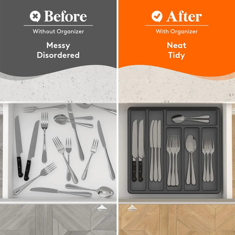 Before and after of cutlery drawer using Sturdy Silverware Organizer With Lid For Drawer Or Countertop, Plastic Flatware Storage Box