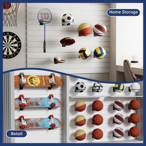 Six Pack Slatwall Ball Holder Steel Ball Rack For Basketball Football Soccer Volleyball Storage, Heavy Duty Slatwall Accessory With Rust Resistant Finish, Compatible With Most Slatwall Systems, Keeps Balls Neat And Ready on wall displaying sports balls