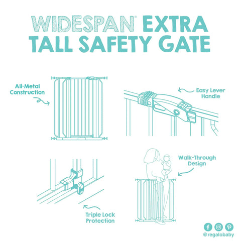 Diagram showcasing features of Extra Tall 36 Inch By 49 Inch Baby Gate Walk Through Pressure Mounted For Doorways And Bottom Of Stairs
