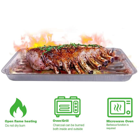 20 Pack Aluminum Foil Pans 16 By 12 Inch Large Disposable Bakeware For Baking Grilling And BBQ Grill Topper with meat on top