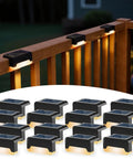 16 Pack Solar Deck Lights And Outdoor Step Lamps Waterproof Led Stair Lanterns For Fence Patio Railing displayed on a wooden railing with warm glow.