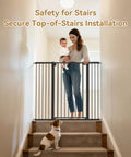 Extra Wide Adjustable Dog Gate For Doorways Built Tough Metal Pet Barrier features self closing design, securing top of stairs with family.