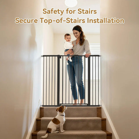 Extra Wide Adjustable Dog Gate For Doorways Built Tough Metal Pet Barrier features self closing design, securing top of stairs with family.