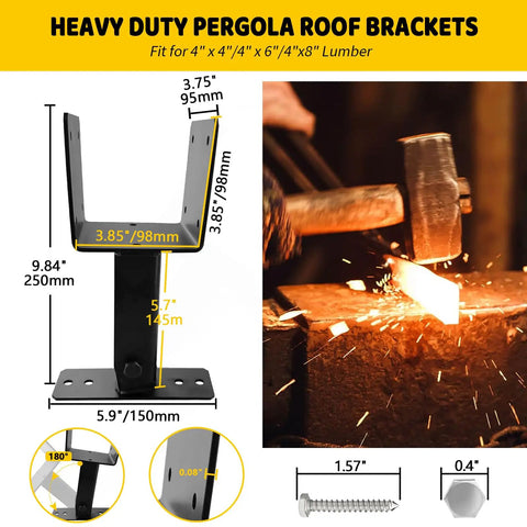 Heavy Duty Roof Riser Brackets Kit For Pergola And Gazebo Adjustable Angle Wood Post Brackets For 4x4 And 4x6 Lumber Galvanized Steel Black Powder Coated Hardware For Simple Patio Cover Install with size details and hammering action