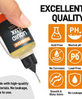 Hand holding Liquid Solder Flux For Electronics No Clean 30ml Pro Grade Rosin Flux Lead Free Anti Corrosion bottle, features listed.