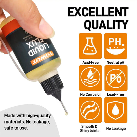 Hand holding Liquid Solder Flux For Electronics No Clean 30ml Pro Grade Rosin Flux Lead Free Anti Corrosion bottle, features listed.
