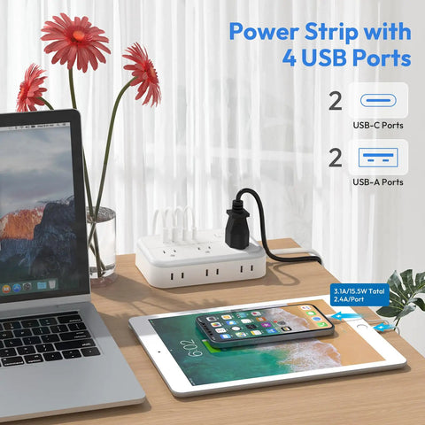 25 Ft Flat Plug Extension Cord With 6 Outlets And 4 USB Ports Heavy Duty Power Strip With Overload Protection For Indoor Use White Right Angle Outlet Extender For Home Office Easy Cable Management on desk with laptop and tablet