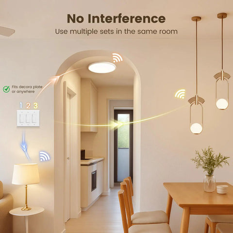 Wireless Light Switch And Receiver Kit for Decorator Rocker Wall Plate in a dining room controlling ceiling and pendant lights.