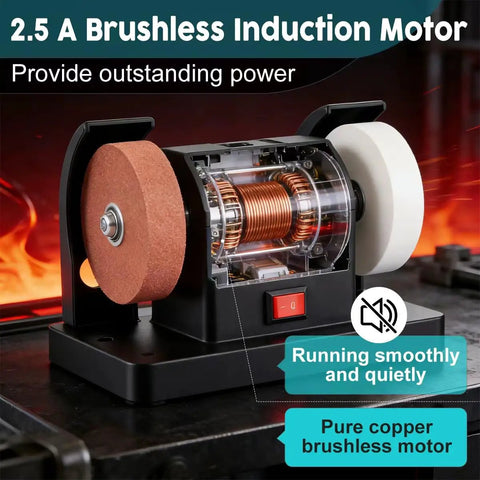 Rock Solid Dual Wheel Electric Bench Sander And Belt Polisher With Quick Dial Speed Control for metal and wood with brushless motor.