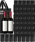 100 Pack Durable Black Paper Wine Carry Bags For Two Bottles Premium Gift Carriers With Free Labels, with two wine bottles.