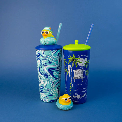Two Pack 20 Oz Stainless Steel Tumbler With Pop Topper And Straw Interchangeable Character Topper For Your Personal Style BPA Free Insulated Cup With Leak Resistant Lid Vacation Marble Design Reusable Travel Cup