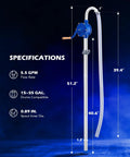 Heavy Duty Hand Crank Drum Pump Uses Adjustable Telescoping Suction Tube To Handle Five To Fifty Five Gallon Drums For Fast Oil And Fuel Swaps Zero Drama Guaranteed specifications showing dimensions and flow rate.