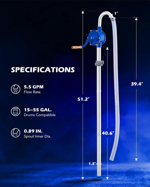 Heavy Duty Hand Crank Drum Pump Uses Adjustable Telescoping Suction Tube To Handle Five To Fifty Five Gallon Drums For Fast Oil And Fuel Swaps Zero Drama Guaranteed specifications showing dimensions and flow rate.