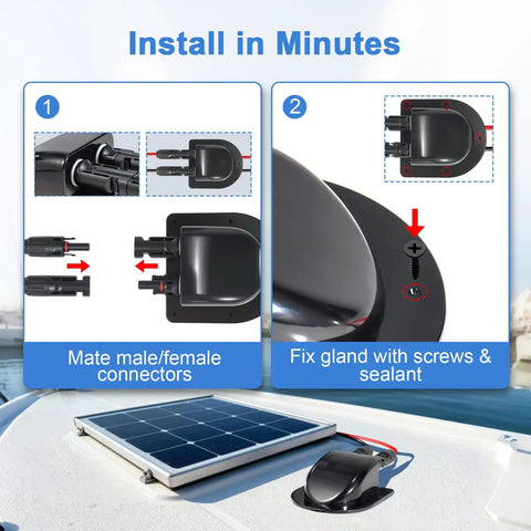 Prewired Solar Cable Entry Gland With 10Ft 10AWG PV Cable, MC4 Compatible, Weatherproof Roof Entry Housing in installation steps