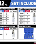 Tamperproof Torx Plus Bit Socket Set 12 Piece With 8 IPR To 60 IPR 5 Point Star Bits Cr-V And S2 Steel in open blue case