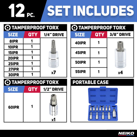 Tamperproof Torx Plus Bit Socket Set 12 Piece With 8 IPR To 60 IPR 5 Point Star Bits Cr-V And S2 Steel in open blue case