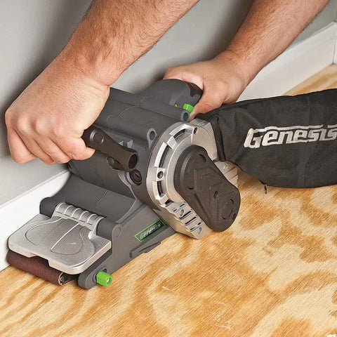 Man using Single Lever Belt Sander 3 Inch By 21 Inch Variable Speed With Quick Change Belt Adjustable Front Handle Dust Collection Bag Grey