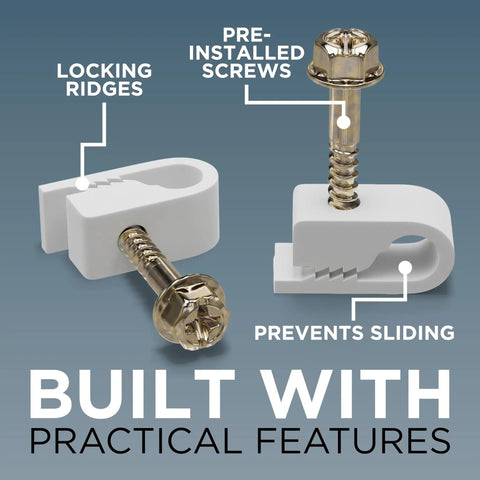 Close-up of Heavy Duty Single Cable Clips With Screws showing locking ridges and pre-installed screws for secure wiring.