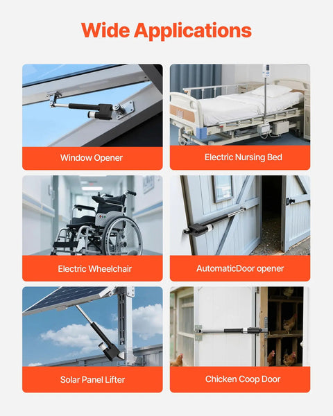 Wide applications of 12V Beefy Linear Actuator 7.87 Inch Stroke With 2023 Pounds Thrust in various devices like window openers and electric beds.