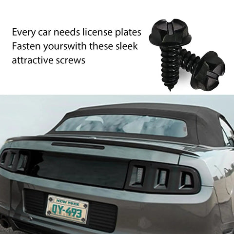 Hella Durable Stainless Steel License Plate Screws For Cars And Trucks 8 Piece Kit Black Rust Proof Fasteners close-up on sleek screws.