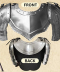 Front and back view of Medieval Steel Gorget With Pauldrons Armor Set For LARP And Cosplay featuring shoulder guards.
