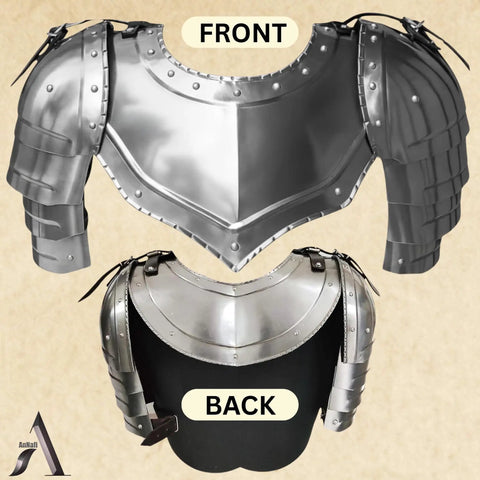 Front and back view of Medieval Steel Gorget With Pauldrons Armor Set For LARP And Cosplay featuring shoulder guards.