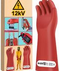 12kV Electrical Gloves Size 10 Thick 1.8mm Rubber Insulated Safety Gear for Electricians Red Waterproof Lineman High Voltage Protection Not For Dexterous Work Supports Up To 22kVDC Maximum Voltage, package image showing glove details and usage scenes