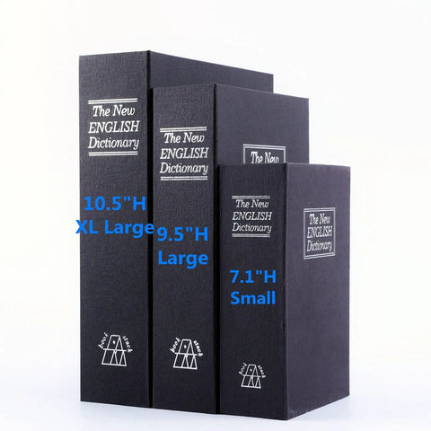 Three black dictionary safes including Extra Large 10.5 Inch Diversion Book Safe With 3 Digit Combination Lock Hidden Money Safe.