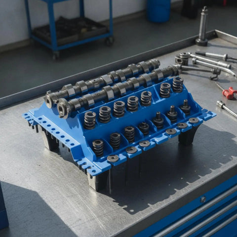 Beefy Parts Organizer Stand with Legs for Mechanics, blue slotted tray on workbench with engine components