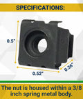Black 10-32 Slide-In Cage Nuts For Server Rack Hardware And Equipment Mounting With Snug Snap Fit Design Built Tough For A Smooth Install Bulk Pack Of Fifty Standard Thread Fasteners Made In Usa showcasing specifications with dimensions of 0.5x0.52x0.36 inches.